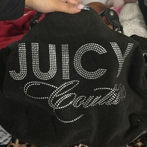 Y2K 2000s JUICY COUTURE BLACK SATIN DUFFLE RHINESTONED LETTERING CHERRY KEYCHAIN